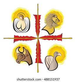 Four evangelists - symbols: angel, lion, ox or a bull and eagle. Four Gospels - Matthew, Mark, Luke, John. modern simple vector illustration.