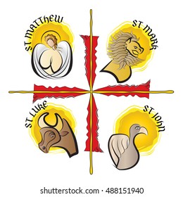 Four evangelists - symbols: angel, lion, ox or a bull and eagle. Four Gospels - Matthew, Mark, Luke, John. modern simple vector illustration.