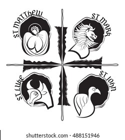 Four evangelists - symbols: angel, lion, ox or a bull and eagle. Four Gospels - Matthew, Mark, Luke, John. modern simple vector illustration.