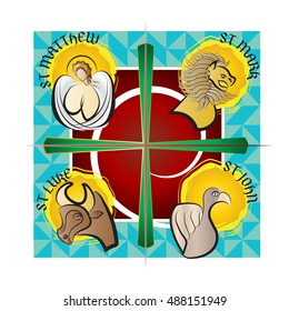 Four evangelists - symbols: angel, lion, ox or a bull and eagle. Four Gospels - Matthew, Mark, Luke, John. modern simple vector illustration.