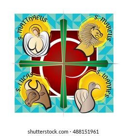 Four evangelists - symbols: angel, lion, ox or a bull and eagle. Four Gospels - Matthew, Mark, Luke, John. modern simple vector illustration.