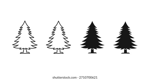 Four evergreen tree illustrations in outline and silhouette style