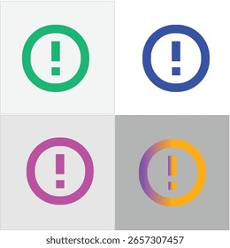 Quatro ícones de ponto de exclamação dentro de círculos, cada um com uma cor exclusiva: verde, azul, roxo e laranja. Eles são úteis como sinais de aviso, notificações de alerta.