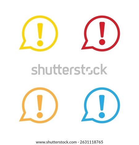 Four exclamation points inside colorful speech bubbles indicate alerts, warnings, or urgent messages on a transparent background. Red, yellow, orange and blue hues.
