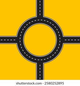 four exits in round crossroad, circular motion with 4 options, two lane blank road vector template, yellow background