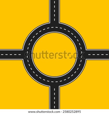 four exits in round crossroad, circular motion with 4 options, two lane blank road vector template, yellow background