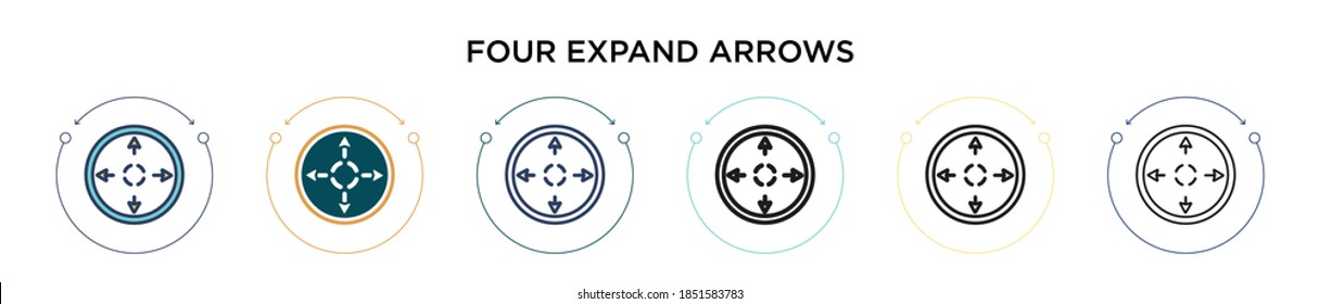 Four expand arrows icon in filled, thin line, outline and stroke style. Vector illustration of two colored and black four expand arrows vector icons designs can be used for mobile, ui, web
