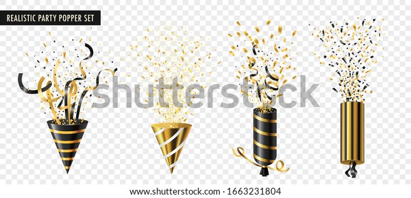 Four\
exploding party poppers in black and golden color isolated on\
transparent background realistic vector\
illustration