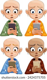 Four expressions reacting to phone content