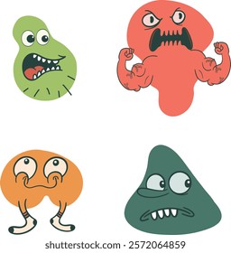 Four expressive cartoon monsters with unique personalities. Perfect for kids' projects, websites, or apps