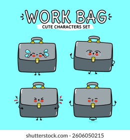 Four expressive work bag characters showcase different emotions in a fun and playful style, perfect for visual content.
