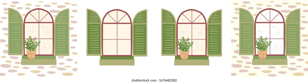 Four exterior window design options with wooden shutters. Vector cartoon illustration.