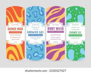 Four eye-catching shower gel labels showcase vibrant designs and plant-based ingredients, promoting hydration and gentle cleansing for sensitive skin types.