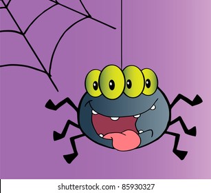 Four Eyed Creepy Spider Suspended From A Web