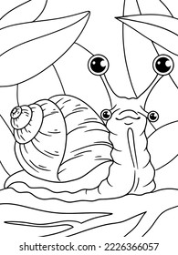 Four eyed snail in the grass. Children picture coloring, black stroke, white background.