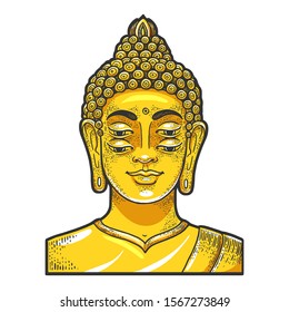 Four eyes buddha golden statue engraving vector illustration. T-shirt apparel print design. Scratch board style imitation. Black and white hand drawn image.