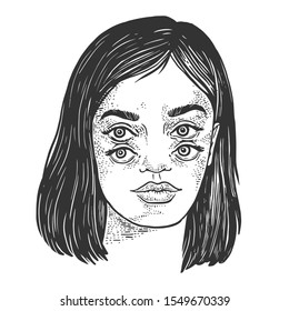 Four eyes girl sketch engraving vector illustration. T-shirt apparel print design. Scratch board style imitation. Black and white hand drawn image.