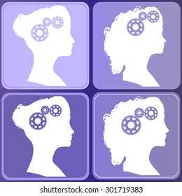 Four face silhouette woman on purple background.