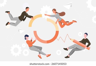Four faceless people collaborating with charts, gears, and graphs in a flat graphic style on a light background. Concept of teamwork and data analysis. Vector illustration