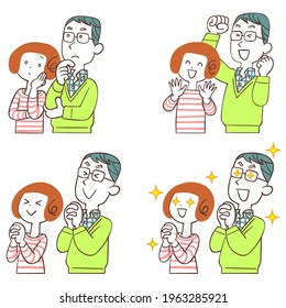 Four facial expressions of a couple facing left