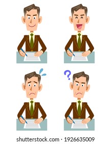 Four facial expressions of an elderly businessman filling out a form