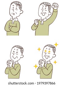 Four facial expressions of a senior man who is happy to face left
