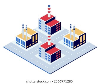 Four factories with smoking chimneys rising in an industrial district highlight manufacturing,