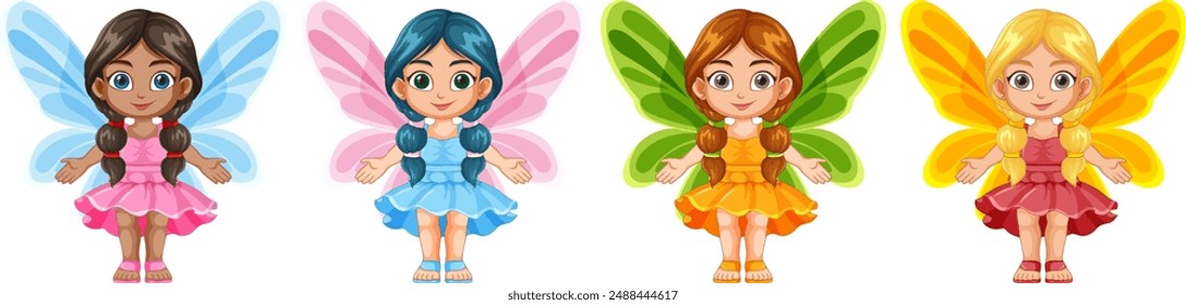 Four fairies with colorful wings and dresses