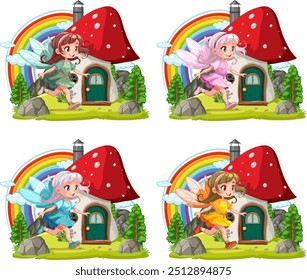 Four fairies near a mushroom house