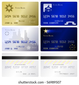 Four fake credit card fronts and two matching back sides