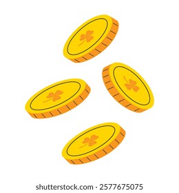 Four falling gold coins decorated with shamrocks, symbols of St. Patrick's Day and good luck. Vector illustration isolated on white.