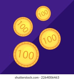 Cuatro monedas de oro en caída, decoración vectorial, composición, elementos para plantillas bancarias, sitios web, vacaciones, ventas, anuncios.