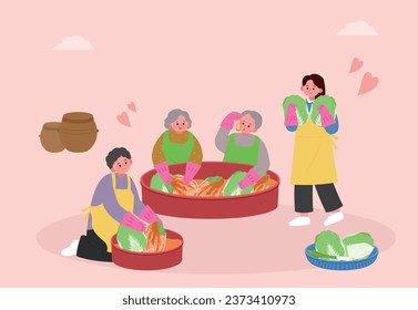 Four family illustrations making kimchi