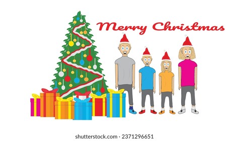 four of family member celebrating christmas with santa hats, gift boxes and beautiful christmas tree. red text merry christmas