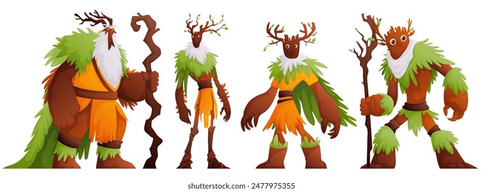 Four fantasy forest guardian characters with tree-like features, dressed in green and orange, holding wooden staffs.