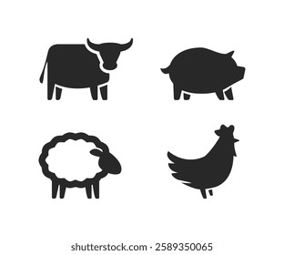 Four farm animal icons in silhouette: cow, pig, sheep, and chicken, arranged in a grid, minimalist style, in a simple, flat design.