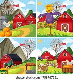 Four farm scenes with red barn and farm animals illustration
