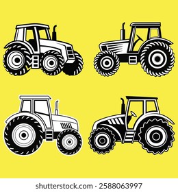 Four Farm Tractor Silhouettes Against a Bright Yellow Background