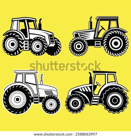 Four Farm Tractor Silhouettes Against a Bright Yellow Background