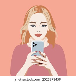 Cuatro ilustraciones de moda. Hermosas mujeres jóvenes se toman una selfie en ropa interior y bata. Ilustración vectorial dibujada a mano. chica con el bolso de compras vacío se están tomando un selfie