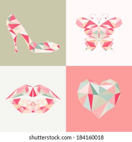Four fashion items with a pattern of polygons