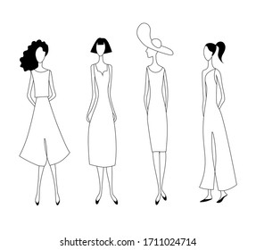 Four fashion women in summer clothes. Hand drawn fashion model outline collection.