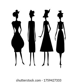 Four fashionable women. Vector black silhouette illustration.