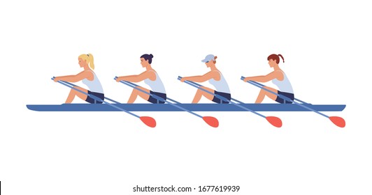 Four female athletes swim in a boat. Concept of competitions in academic women 's rowing. Vector illustration in flat design style.