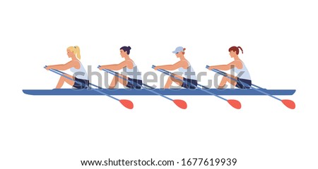 Four female athletes swim in a boat. Concept of competitions in academic women 's rowing. Vector illustration in flat design style.