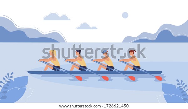 Four female athletes are swimming on a boat. The\
concept of rowing competitions. Vector illustration in flat design\
style.