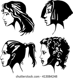 four female faces in profile