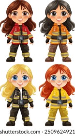 Four female firefighters in different uniforms