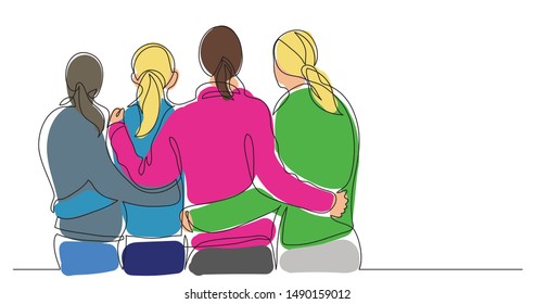 four female friends standing together watching sunset - one line drawing