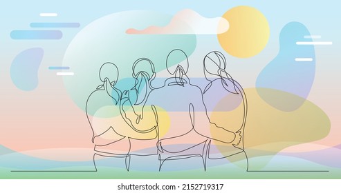 four female friends standing together watching sunset - one line drawing